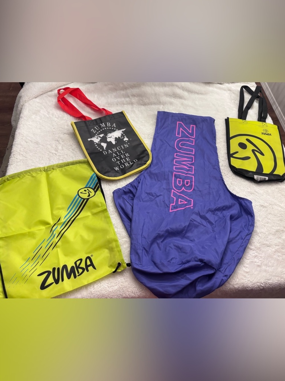 Zumba Fitness neon yellow, black, purple, pink bag set
